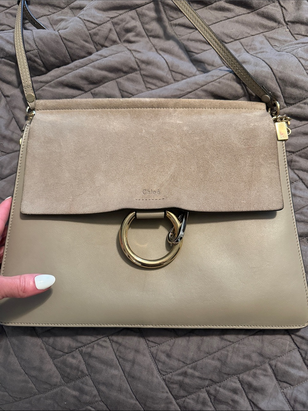 Chloé Two-Tone Taupe & Beige Shoulder Bag with Gold Ring